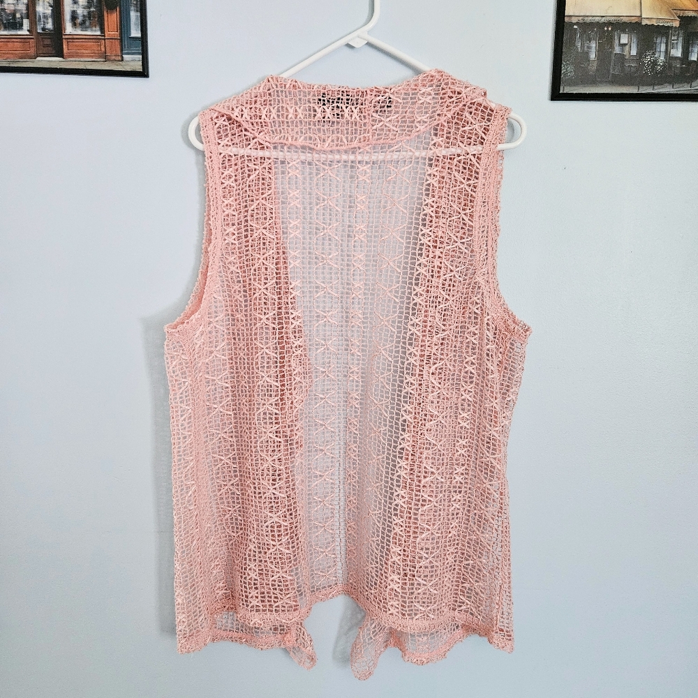 5/$30 Frazzle Light Pink Silky Crochet Ruffle Open Front Coquette Vest Size L - Picture 5 of 5